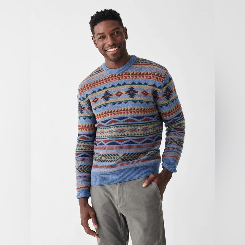 Faherty 100% Wool Doug Good Feather Pattern Sweater Fair Isle Blue Winter Night